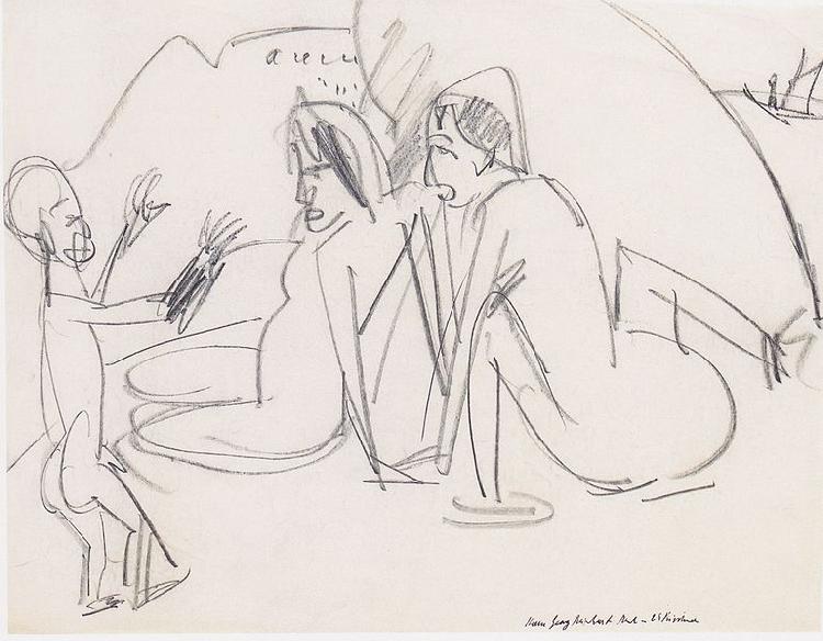 Ernst Ludwig Kirchner Zwei Frauen und Skulptur am Strand